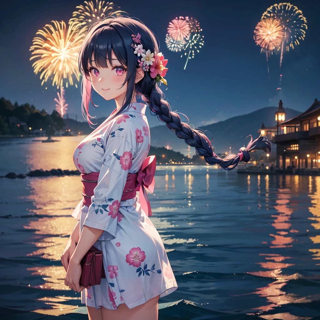 Sky Blue Medium Hair, (Braided hair),(Pink Eyes),Fair skin ,(whole body),(1 girl)、Floral Yukata、summer night、Fireworks on the lake、Big fireworks、A happy smile、Straight bangs,(masterpiece, Highest quality, Very detailed, Best Shadow), (Detailed Background), (Beautifully detailed face), High Contrast, (Best lighting, Very delicate and beautiful), ((Cinematic Light)), colorful, Hyper Detail 8k, Dramatic Light, Intricate details,Fireworks light reflected on the water