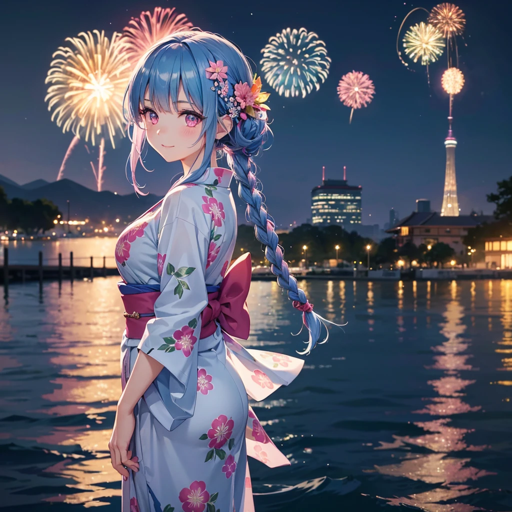 Sky Blue Medium Hair, (Braided hair),(Pink Eyes),Fair skin ,(whole body),(1 girl)、Floral Yukata、summer night、Fireworks on the lake、Big fireworks、A happy smile、Straight bangs,(masterpiece, Highest quality, Very detailed, Best Shadow), (Detailed Background), (Beautifully detailed face), High Contrast, (Best lighting, Very delicate and beautiful), ((Cinematic Light)), colorful, Hyper Detail 8k, Dramatic Light, Intricate details,Fireworks light reflected on the water