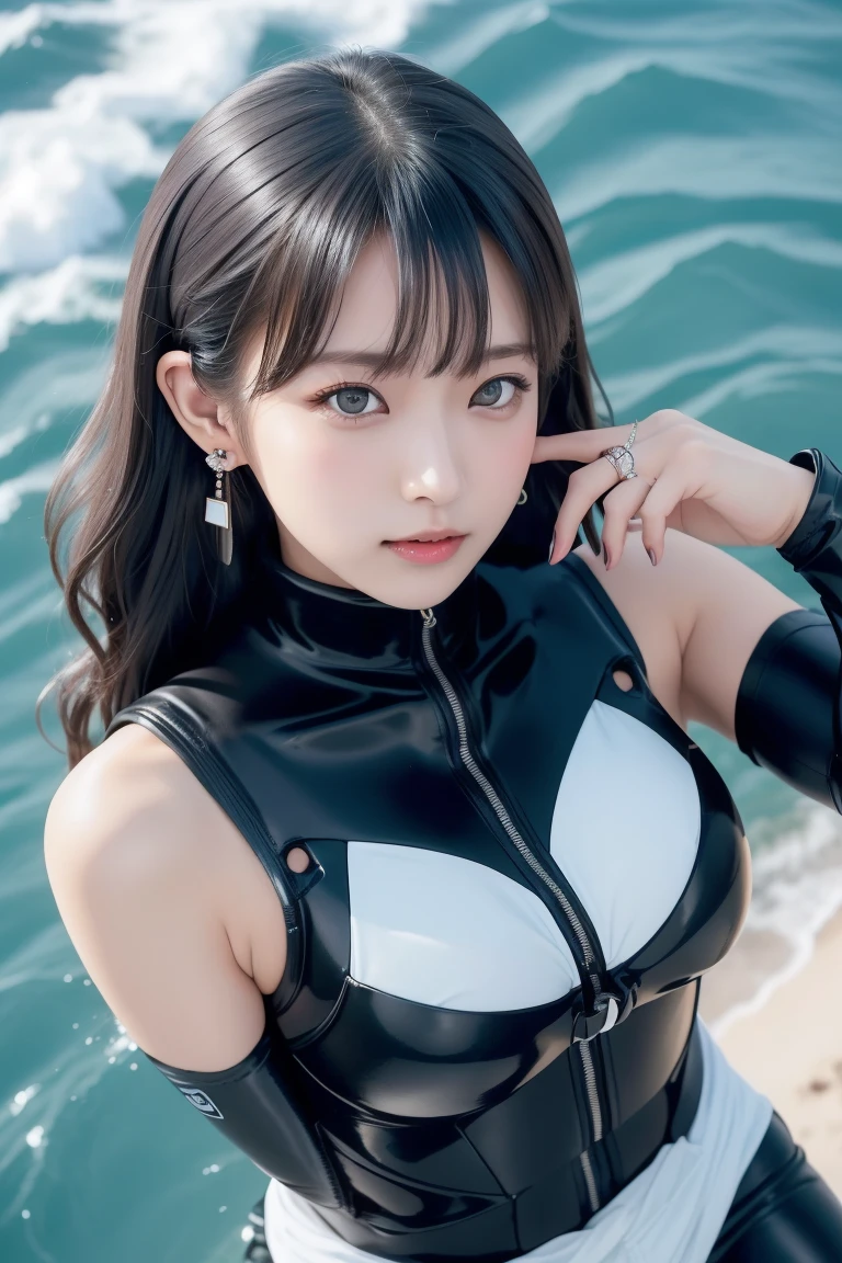 A 19-year-old girl wearing a high-necked diving suit, Cool Pattern, And a very tight fit. The suit is designed to accentuate her curves., Notice her big breasts and toned abs. Her hair is medium long and wavy in texture., her eyes are bright and expressive.
break,
((Standing at sea'One arm folded behind the back'return:1.4)),
((At a Japanese Self-Defense Force base:1.2)), (Upper Body Shot:1.2), (From below:1.2),
break (Maid ,Racing Model),
break (Swedish Pornstars),((Swedish girls,white skin,white)),
break (Improve:1.1),,(Glamour:1. 3),(night),(Japanese AV actress),Photo of a beautiful and slim woman (Supermodel:1.3),,((Upturned eyes)),((Angle From above:1.3)),From above、Looking into the camera,
break (Earrings, and ring:1.2),