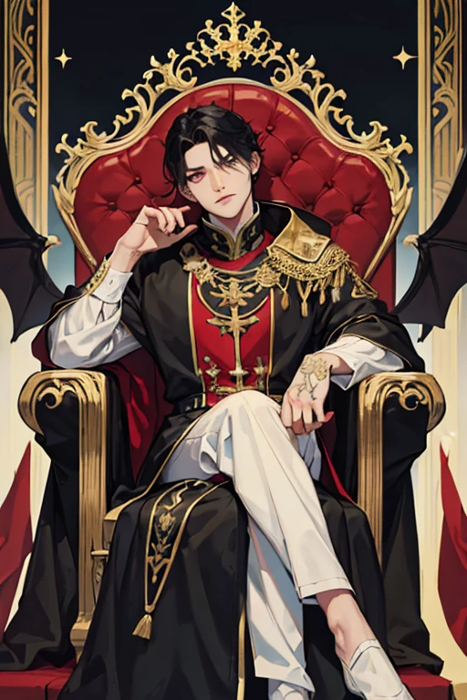 1 man, throne, Devil, short, matted black hair, black noble clothing ,Medieval castle background, throne에 다리를 꼬고 앉아있다, Tall and broad shoulders, slightly visible tattoo, holding one's chin, Clear and delicate gray, deep eyes, adult, adult의 얼굴, expressionless, angle seen from below, illustration, Medieval fantasy, dark soul, throne, male, detailed eyes, handsome, White skin, big eyes, cool guy, angle seen from below