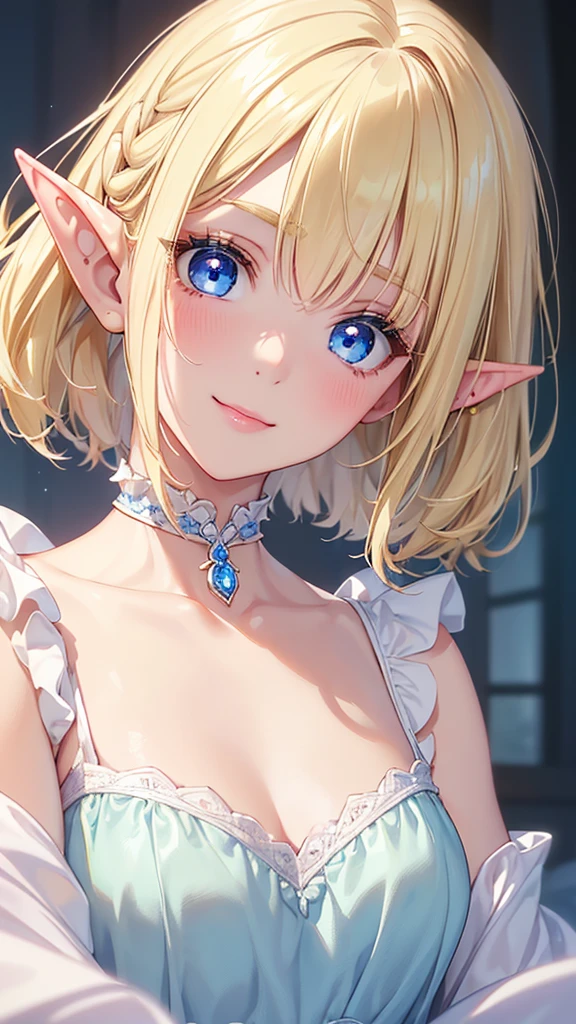 16k、masterpiece、High definition、High resolution、((Young Elven Woman))、((Beautiful white skin))、((Beautiful blonde))、Bobcut、((Beautiful Blue Eyes))、((Narrow eyes))、((Pointed Ears))、Smiling Kindly、Pink lip gloss、blush、Glamorous nightgown、Bedroom at night、Dimmed lighting、Look up at me、((Close up of upper body))