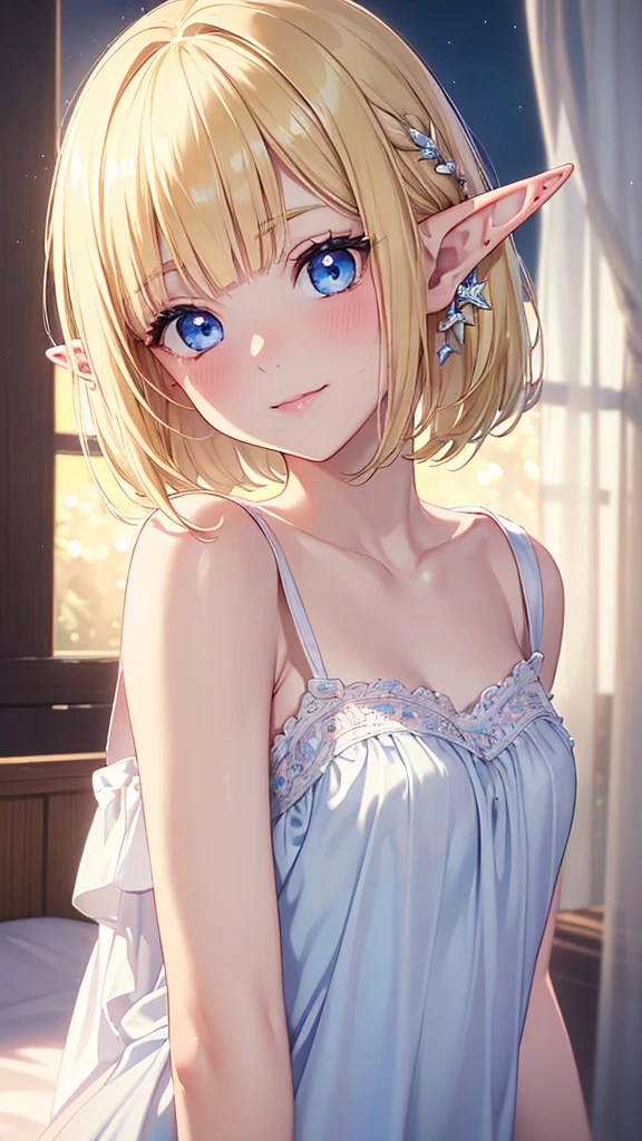 16k、masterpiece、High definition、High resolution、((Young Elven Woman))、((Beautiful white skin))、((Beautiful blonde))、Bobcut、((Beautiful Blue Eyes))、((Narrow eyes))、((Pointed Ears))、Smiling Kindly、Pink lip gloss、blush、Glamorous nightgown、Bedroom at night、Dimmed lighting、Look up at me、((Close up of upper body))