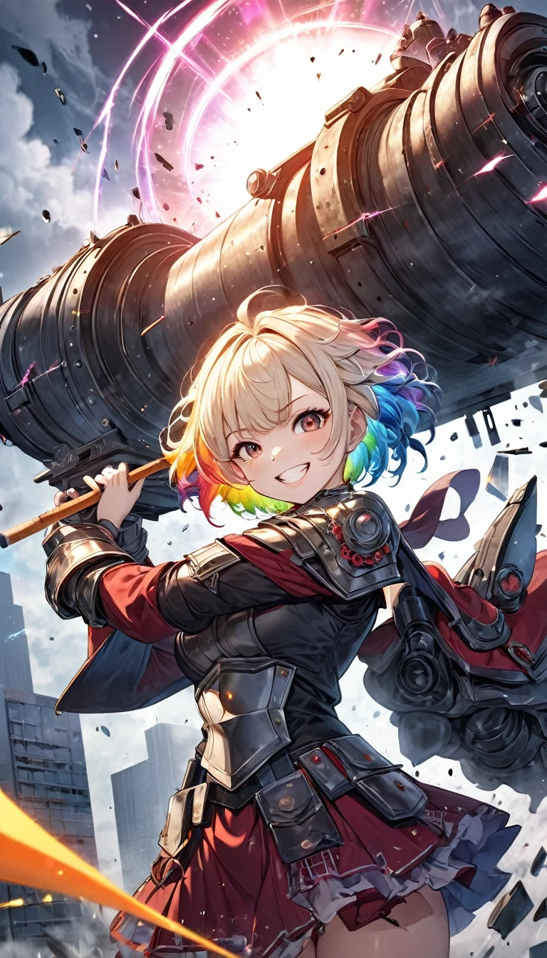 Highest quality, Super Fine, 16K, Incredibly absurd, Very detailed, 2.5D, delicate and dynamic, Ruthless, Cool and beautiful female warrior, Shining rainbow clairvoyance, Ivory messy wavy short hair, amount, Captivating look, Excited expression, Wicked Smile, Teasing Smile, Grin, Lewd smile, Heavy Armor, Heavy beam cannon, Point your gun at him and finish him off, Ominous aura swirl effect, A skyscraper in the background is split in two by a lightning strike., Big Red Full Moon, Exposed steel, Shattered glass, spark, cigarette, fog, Spooky atmosphere colors, Slow-motion effect, Dark fantasy