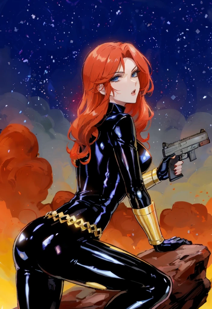  Black Widow, is known from the Marvel series. She's depicted with red hair and blue eyes, dressed in a sleek skin-tight shiny black latex bodysuit with a belt made of golden circles. She's holding a gun in her left hand, and she's in a crouching pose on a rock. The background features a bold red sky with white stars. The character appears ready for action.