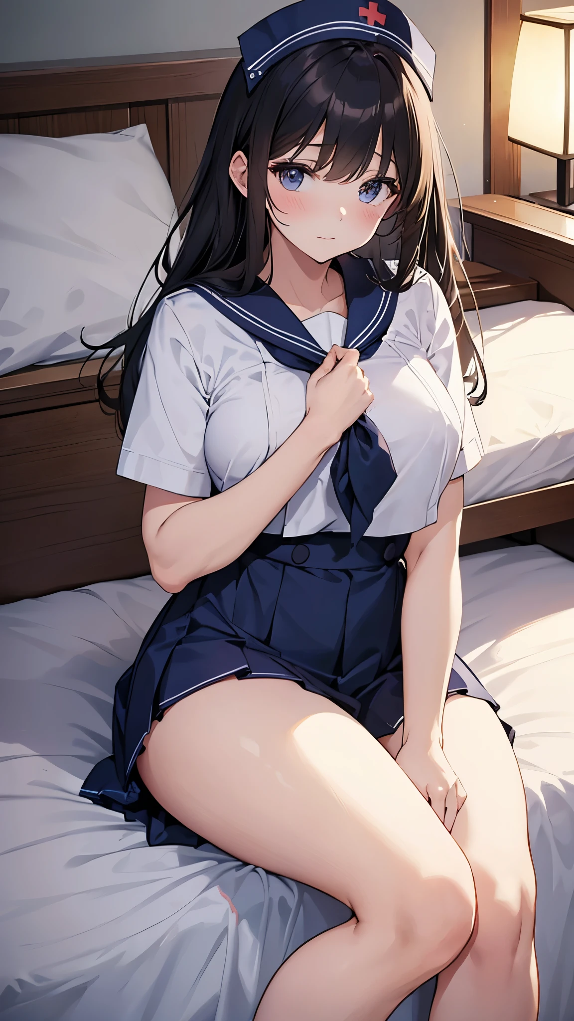 A in a uniform sits on the bed with her legs crossed. A high school girl in a short-sleeved sailor uniform with plump thighs masturbates on the bed in the nurse's office late at night.、moon、performer