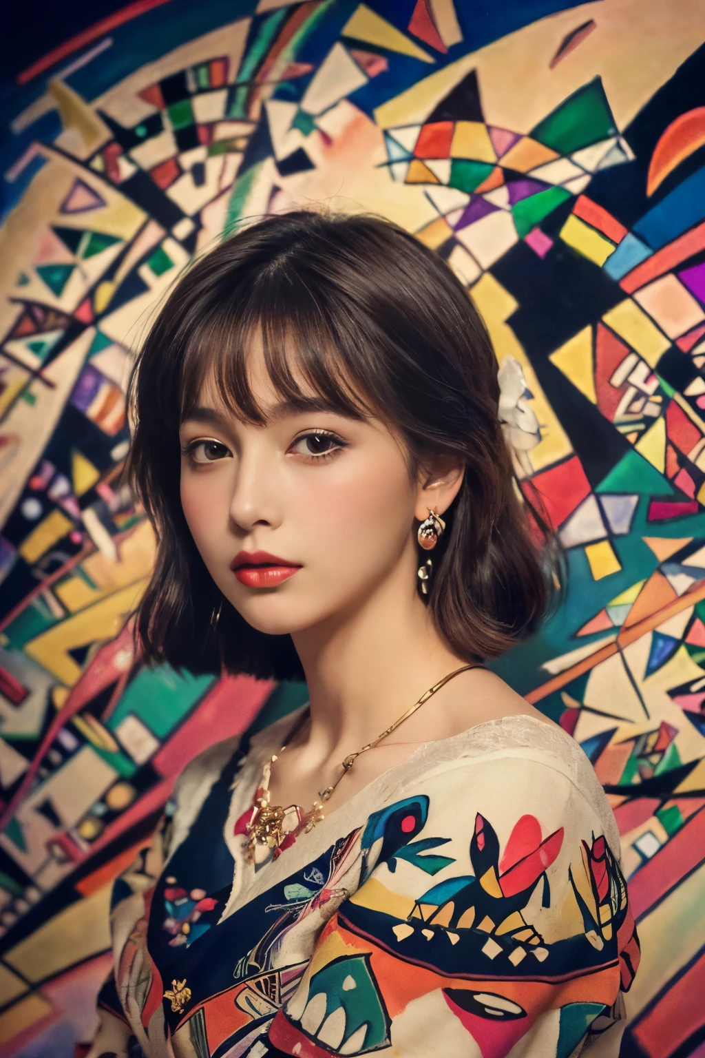 
((masterpiece:1.4, Highest quality)), (Realistic photos:1.4), (artwork),
((1 girl)), (Otherworldly beauty), (dream-like),
(超High resolution:1.2), Very delicate and beautiful, wonderful, Very detailedな CG Unity 8k 壁紙, Very detailed, High resolution, 
Soft Light, Beautiful detailed girl, Very detailedな目と顔, Beautiful and exquisite nose, Beautiful and exquisite, 
(Dressed in early 20th century Western European clothing:1.3),
Cinema Lighting, Perfect Anatomy, Slender body, (Parted bangs),
(Portrait of a Girl:1.5), (Kandinsky-style abstract background:1.5),
Cowboy Shot