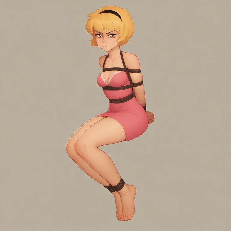 (((mandygrim))), 1girl, blonde hair, hairband, shaped hair, short hair, pointy hair, pink dress, annoyed, zPDXL BREAK , score_9, score_8_up, score_7_up, tied ankles together, tied arms, focus full body, barefoot