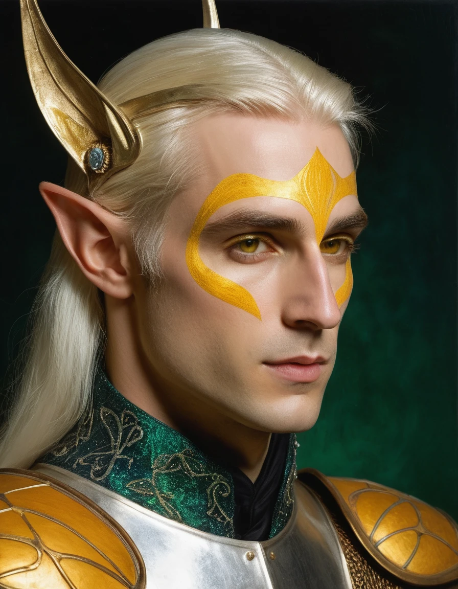 {{Masterpiece, best quality, by Franz von Stuck, oil painting, prismatic, holographic, jaundiced skin}}, ((((((smooth half body profile of a beautiful, striking, male high elf knight, small elven ears, yellow eyes, golden yellow skin, jaundiced skin, silver hair, chiseled face, angular face with an aquiline nose, tall, solemn, magnificent, haughty, noble, posing arrogantly, looking at viewer)))))). ((((He is wearing an art nouveau uniform made of sheen, nacre, multicolored, holographic silk, with pearlescent, gemstone elements, insect wings elements, mirrors, crystals elements, prism elements)))).