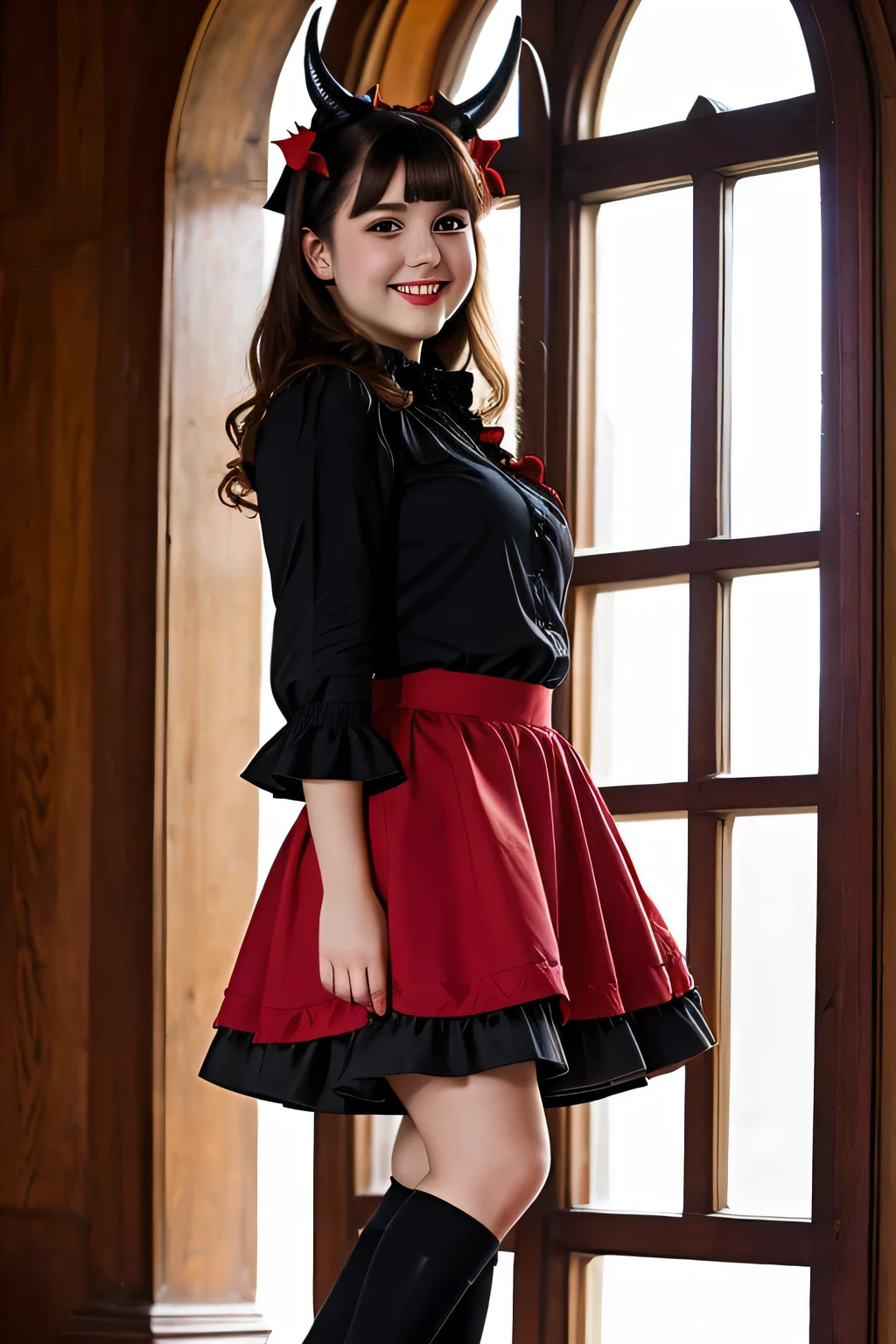 1girl, (semi detailed background) best quality, looking at viewer, smiling, gothic ta, demon girl, red skirt, red simple blouse, small sized horns, horns curve forward, full body, red pupils, legs, feet, assuring glance