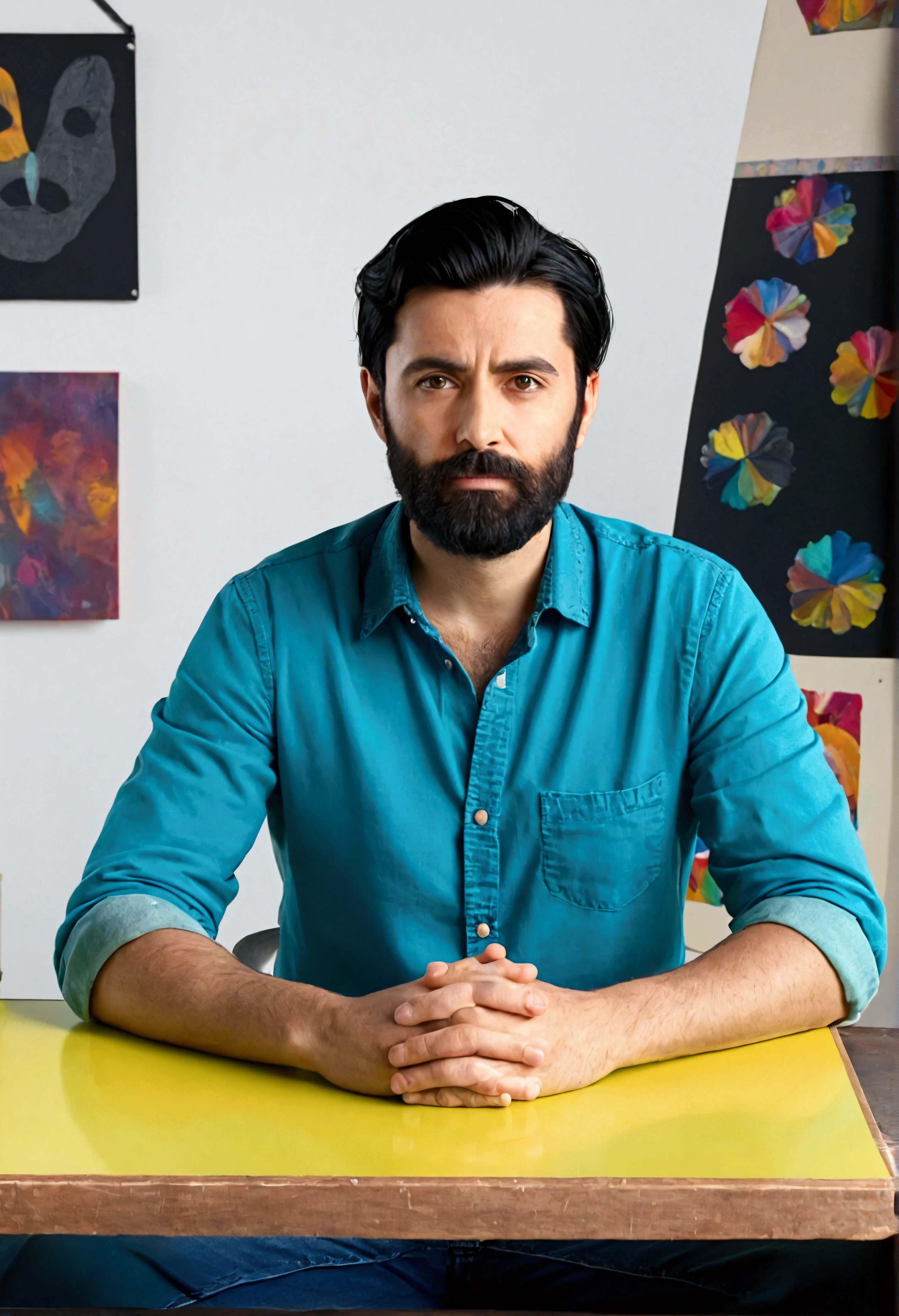 Generate an image of a man sitting at a desk in his studio. He is looking straight at the camera in a front view, sitting upright with his hands on the desk. He has black hair and a short beard.