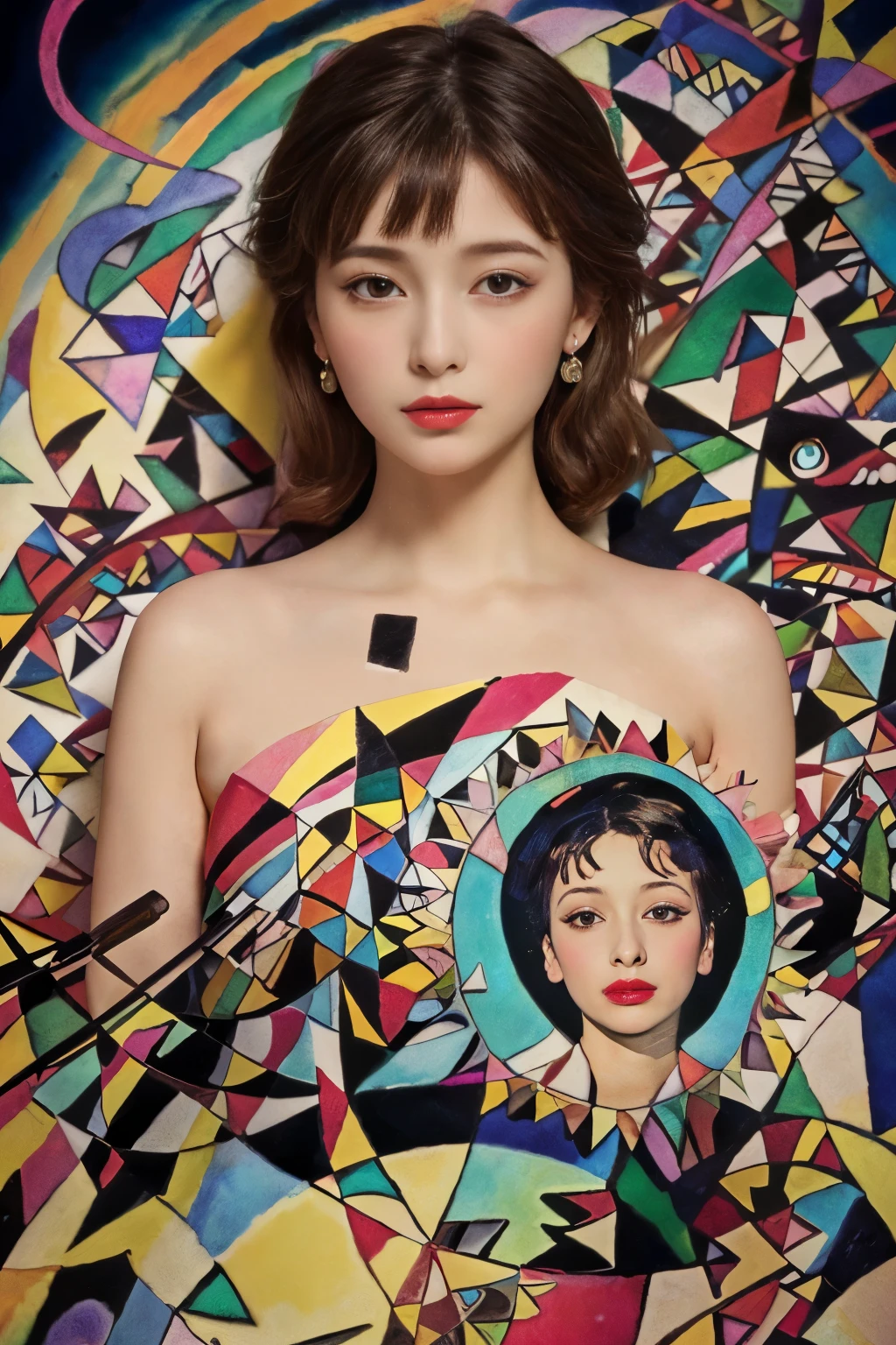 ((masterpiece:1.4, Highest quality)), (Realistic photos:1.4), (artwork),
((1 girl)), (Otherworldly beauty), (dream-like),
(超High resolution:1.2), Very delicate and beautiful, wonderful, Very detailedな CG Unity 8k 壁紙, Very detailed, High resolution,
Soft Light, Beautiful detailed girl, Very detailedな目と顔, Beautiful and exquisite nose, Beautiful and exquisite,
(Dressed in early 20th century Western European clothing:1.3),
Cinema Lighting, Perfect Anatomy, Slender body, (Parted bangs),
(Portrait of a Girl:1.5), (Kandinsky-style abstract background:1.5),
Cowboy Shot