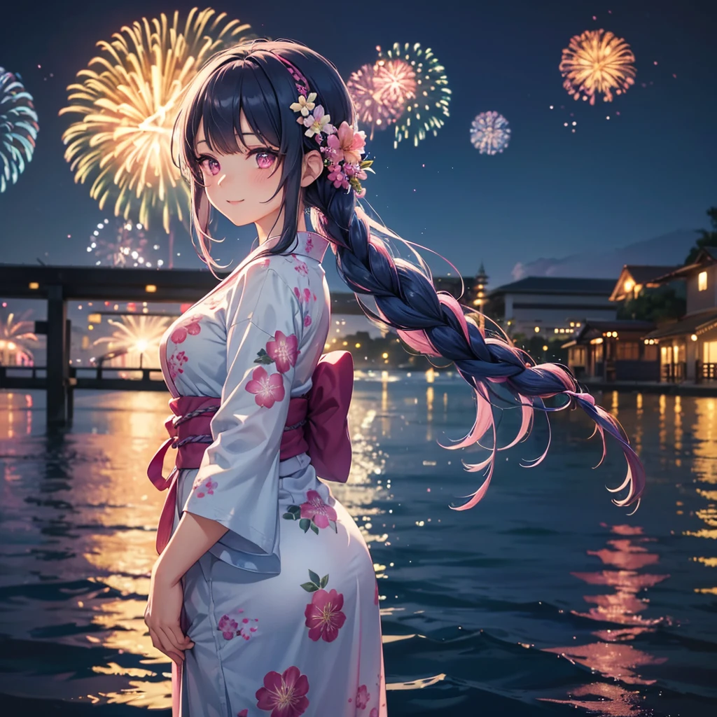 Sky Blue Medium Hair, (Braided hair),(Pink Eyes),Fair skin ,(whole body),(1 girl)、Floral Yukata、summer night、Fireworks on the lake、Big fireworks、A happy smile、Straight bangs,(masterpiece, Highest quality, Very detailed, Best Shadow), (Detailed Background), (Beautifully detailed face), High Contrast, (Best lighting, Very delicate and beautiful), ((Cinematic Light)), colorful, Hyper Detail 8k, Dramatic Light, Intricate details,Fireworks light reflected on the water