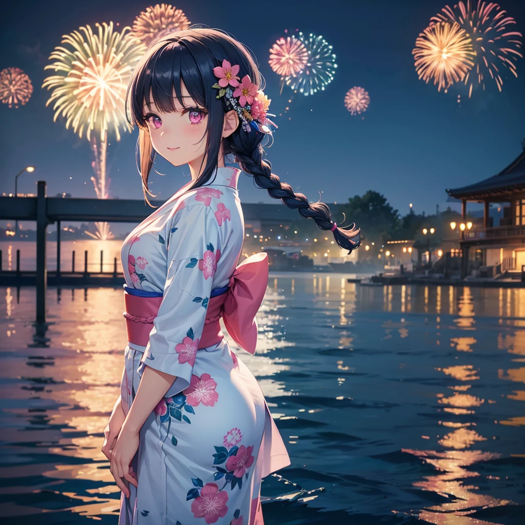 Sky Blue Medium Hair, (Braided hair),(Pink Eyes),Fair skin ,(whole body),(1 girl)、Floral Yukata、summer night、Fireworks on the lake、Big fireworks、A happy smile、Straight bangs,(masterpiece, Highest quality, Very detailed, Best Shadow), (Detailed Background), (Beautifully detailed face), High Contrast, (Best lighting, Very delicate and beautiful), ((Cinematic Light)), colorful, Hyper Detail 8k, Dramatic Light, Intricate details,Fireworks light reflected on the water