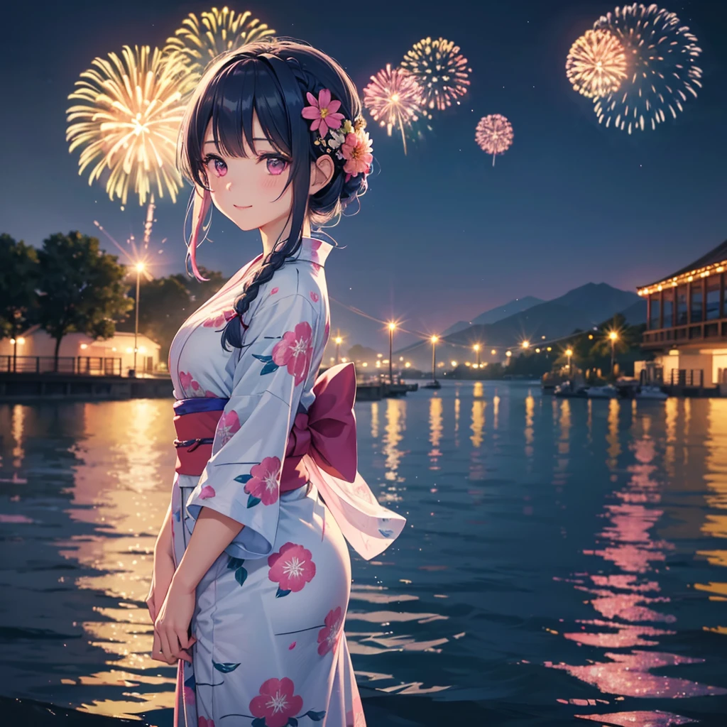 Sky Blue Medium Hair, (Braided hair),(Pink Eyes),Fair skin ,(whole body),(1 girl)、Floral Yukata、summer night、Fireworks on the lake、Big fireworks、A happy smile、Straight bangs,(masterpiece, Highest quality, Very detailed, Best Shadow), (Detailed Background), (Beautifully detailed face), High Contrast, (Best lighting, Very delicate and beautiful), ((Cinematic Light)), colorful, Hyper Detail 8k, Dramatic Light, Intricate details,Fireworks light reflected on the water