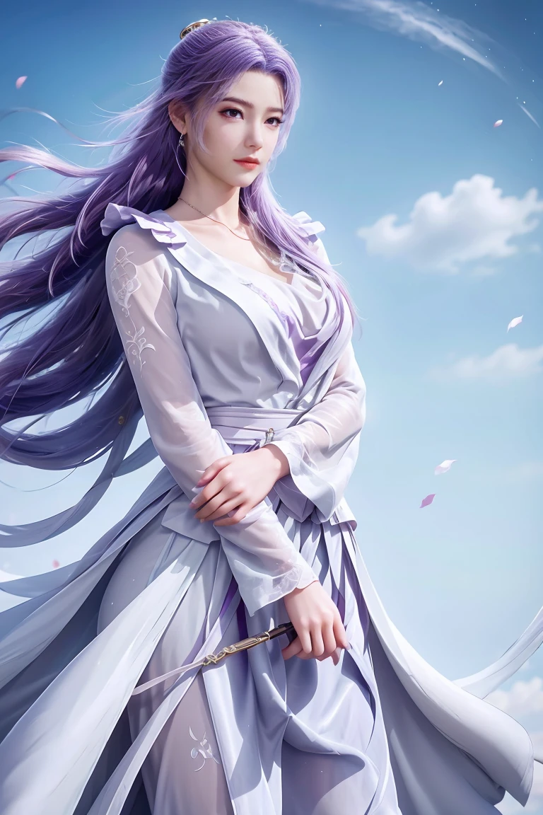 Wear a gauze skirt，The skirt is covered with tulle patterns，Long legs，Large Breasts，With cleavage，full-body shot，Wear purple high heels，Have muscles。He held a sword in both hands