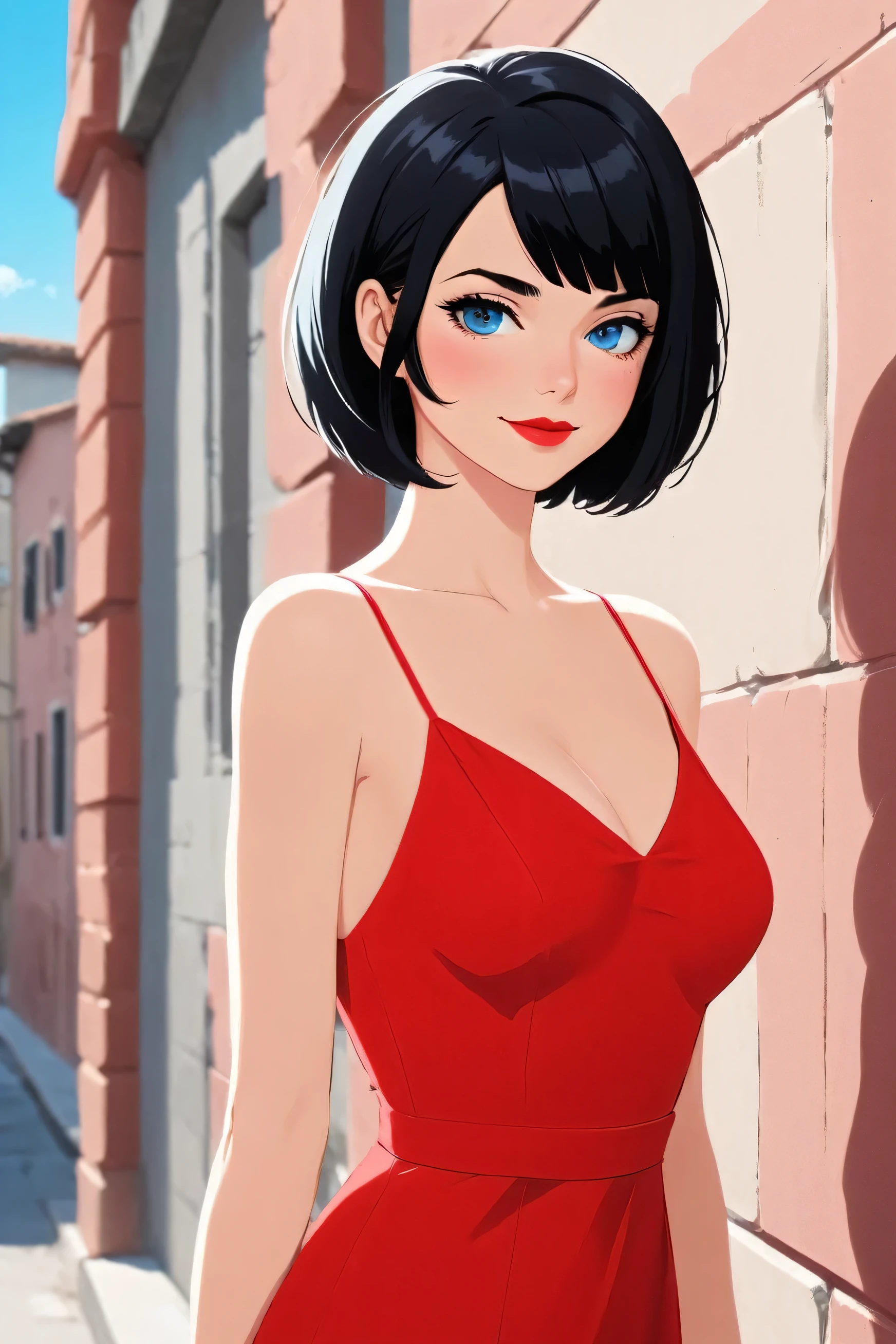 illustration, girl, cleavage, minimalist, flat color , A Female with bob black haircut with blue eyes and Red lips, bare shoulders, red dress, taut dress, spaghetti strap red dress, sleeveless, medium breast, standing up against a wall in the streets at daytime in the background, 1 girl, solo, close up portrait, looking at viewers, smile
