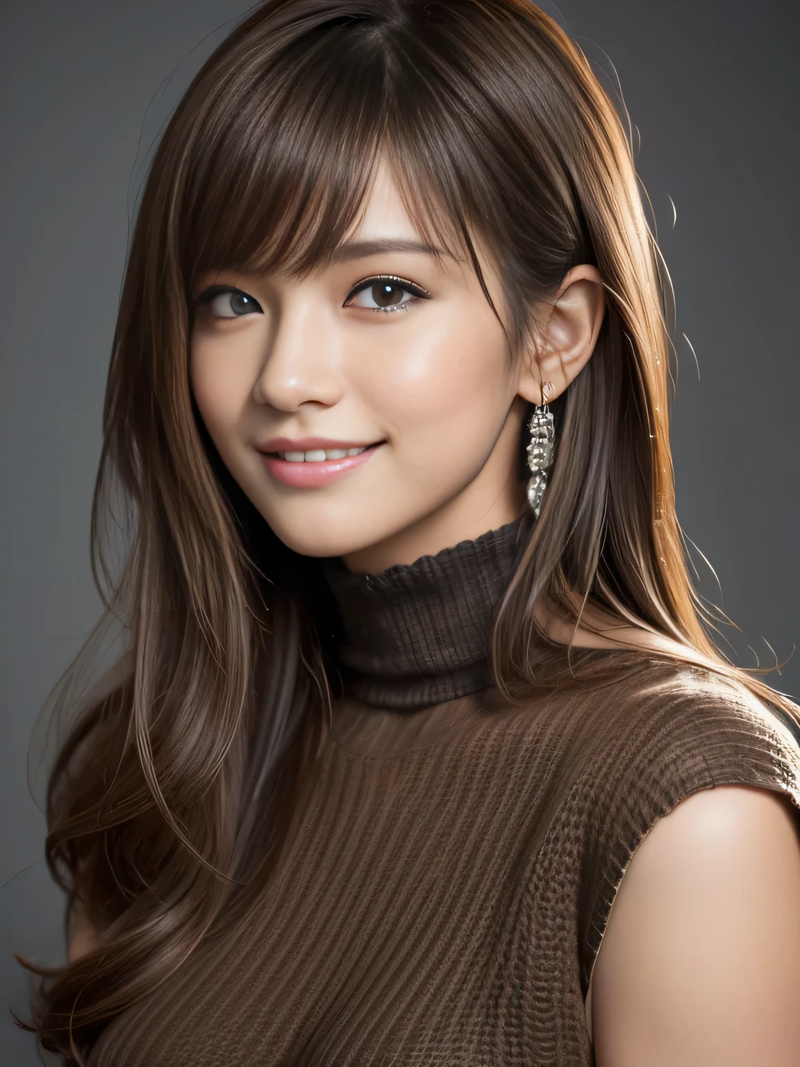 masterpiece, best quality, ultra-detailed, intricately detailed hyperdetailed, realistic, sharp features, highly detailed, sharp focus, Realistic, Photorealistic:1.3, (17 years old:1.3), perfect face, perfect symmetrically eyes, perfect full lips, hyper detailed, hyper realistic, high resolution, Fashion Model, Japanese Idol, Slender, brown hair, Stylish, model poses, Beautiful Face, light brown hair, messy hair, asymmetrical bangs, (grin:1.2), (looking at viewer), cinematic lighting, grey background, (Black knit:1.2), portrait