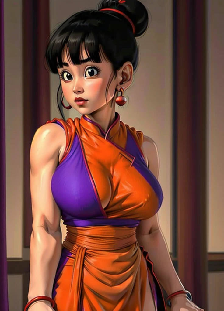 masterpiece, best quality, highest quality, photorealistic, perfect anatomy, perfect face, perfect eyes,
dbzch1ch1, sidelocks, bangs, single hair bun, hair bun, (black eyes), orange pashmina wrap, red sphere earrings , red wristbands, purple cheongsam, sexy pose