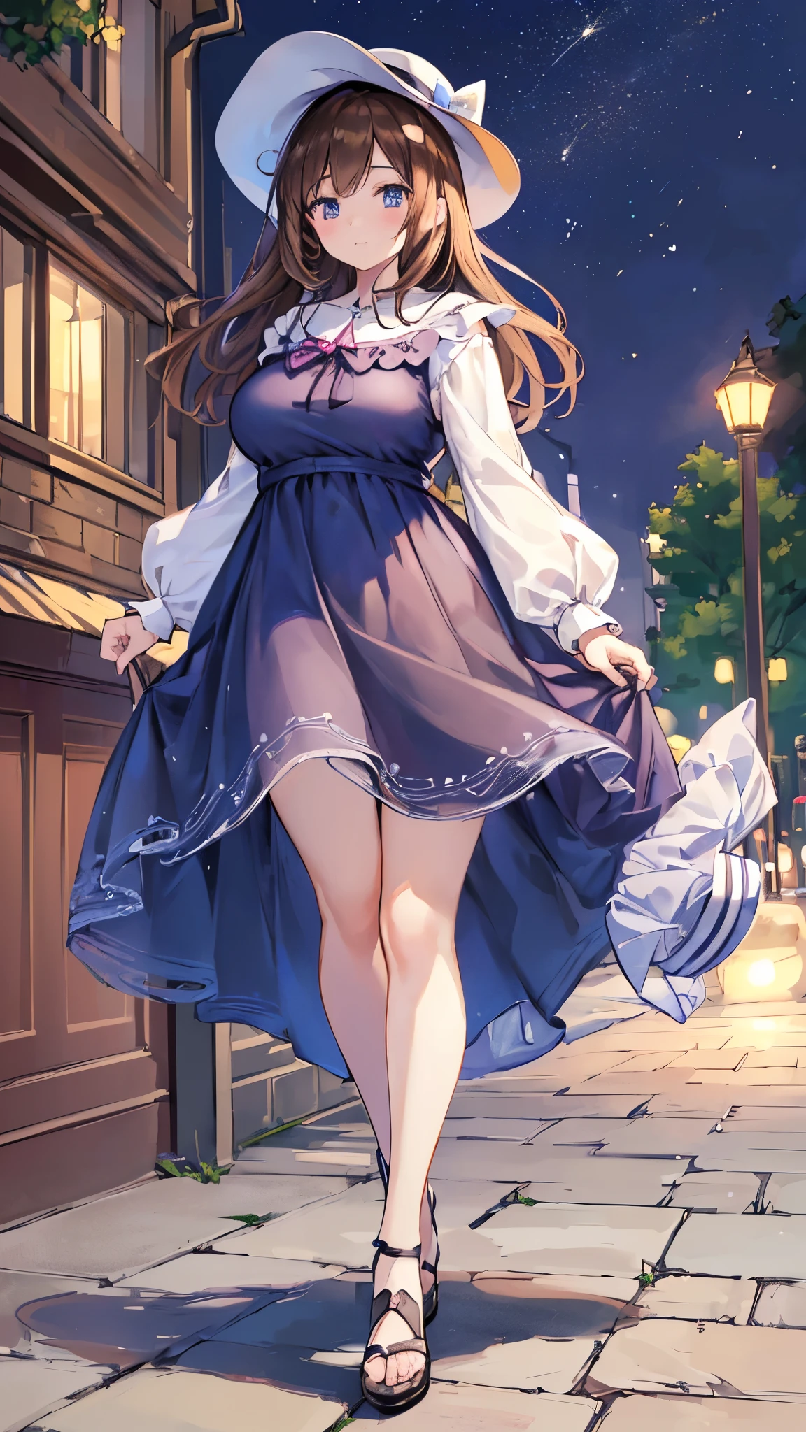 A woman in a dress and hat walking down the street ((Extremely accurate drawing with fine details)Extremely accurate depiction)[High resolution],(detailed illustrations,Very detailed and precise drawing,Delicate lines drawn with perfect tempo,Realistic texture expression),[Color traced main lines],[Night Park[Night view]],(Hentai Anime Girl (cute) 12 years old (Low length[Plump])) (Cream brown hair[Straight hair])([Idol](Valentine&#39;Magical Girl Day)),(head band[chocolate((Heart symbol))])(chocolateカラーのケープ(Puff sleeves)[lace ruffle ribbon](Tiered skirt))[[Low rise]Colored Stockings]][[Wrapping with ribbon]],[Silk Fabric,Transparency [Soft Ambient Light] gravure [colorful],(Intricate and beautiful decoration [Intricate details]),(Fine and beautiful skin expression [Transparency]),((Precisely drawn eyes))[完璧な目のdetailed((Beautiful eyes like jewels)Precisely drawn iris)[Clearly defined pupils]],[Eye light[Pinpoint lighting for the eyes]],[Long and beautiful eyelashes],[Precisely drawn hair [美しく艷やかな髪のdetailed]],(完璧な手のdetailed [Beautiful fingers without damage [Beautiful nails]]),(Perfect Anatomy(Perfectly balanced ratio))[[Full body portrait]],[Ideal color coordination(Accurate simulation of light-matter interactions)],([Precision in the details](detailed,High resolution)),[[Soft and gentle colors]][Visual arts that tell stories].