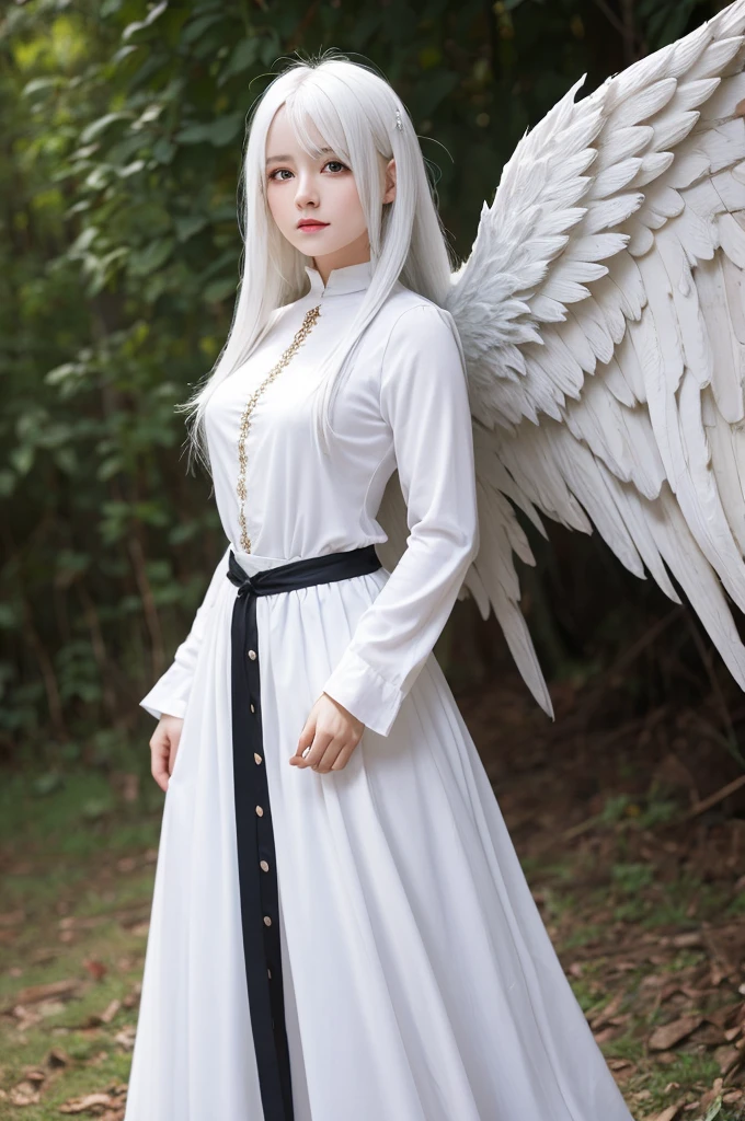 Medieval angel, white hair, white eyes, standing portrait, long skirt