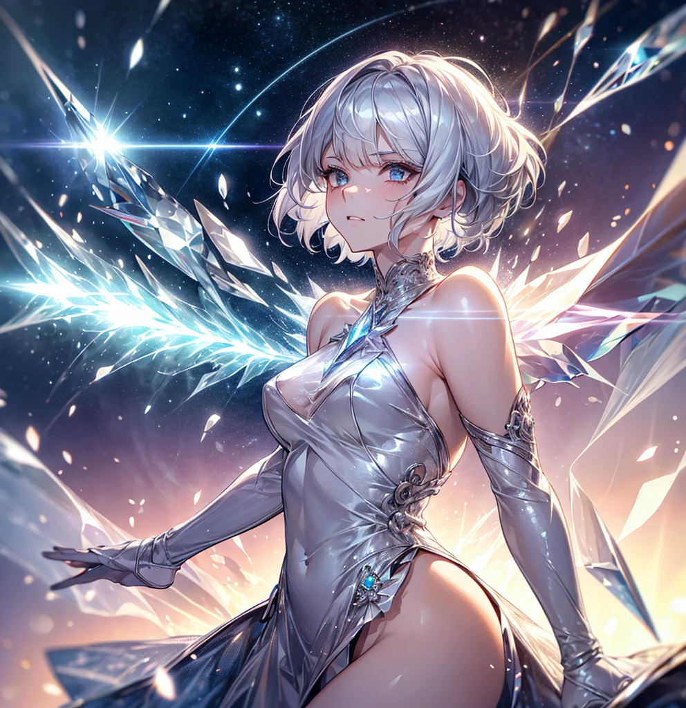 silver hair, short hair, asymmetrical bangs, crystal hair, shiny hair, Surrealism, lens flare, anime, 8k, super detail, UHD, retina, masterpiece, accurate, anatomically correct, textured skin, super detail, high details, high quality, award winning, best quality, highres
"A girl inspired by Uranus, with a lively atmosphere but a sad expression. She has short silver hair. The background includes meteors streaking across the sky."