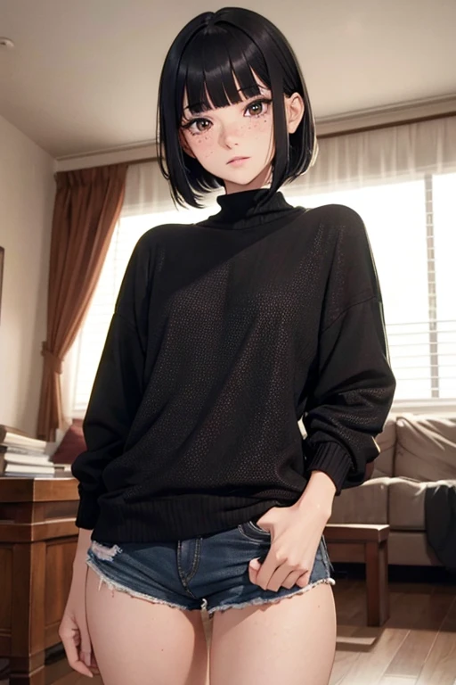 4K, masterpiece, 8 K, high quality, 最high quality, in the house, in the room, room background，Short black hair, Gathered in two tails，Iris，blunt bangs，freckles，very short，shorts, skin tight shorts, camel&#39;s foot，embarrassing，barefoot，very small ass，Very thin hips，Small photo frame，flat chest，short denim shorts，Open flight，Tsundere，printed t-shirt，Navel, Accurate and detailed beautiful female fingers，