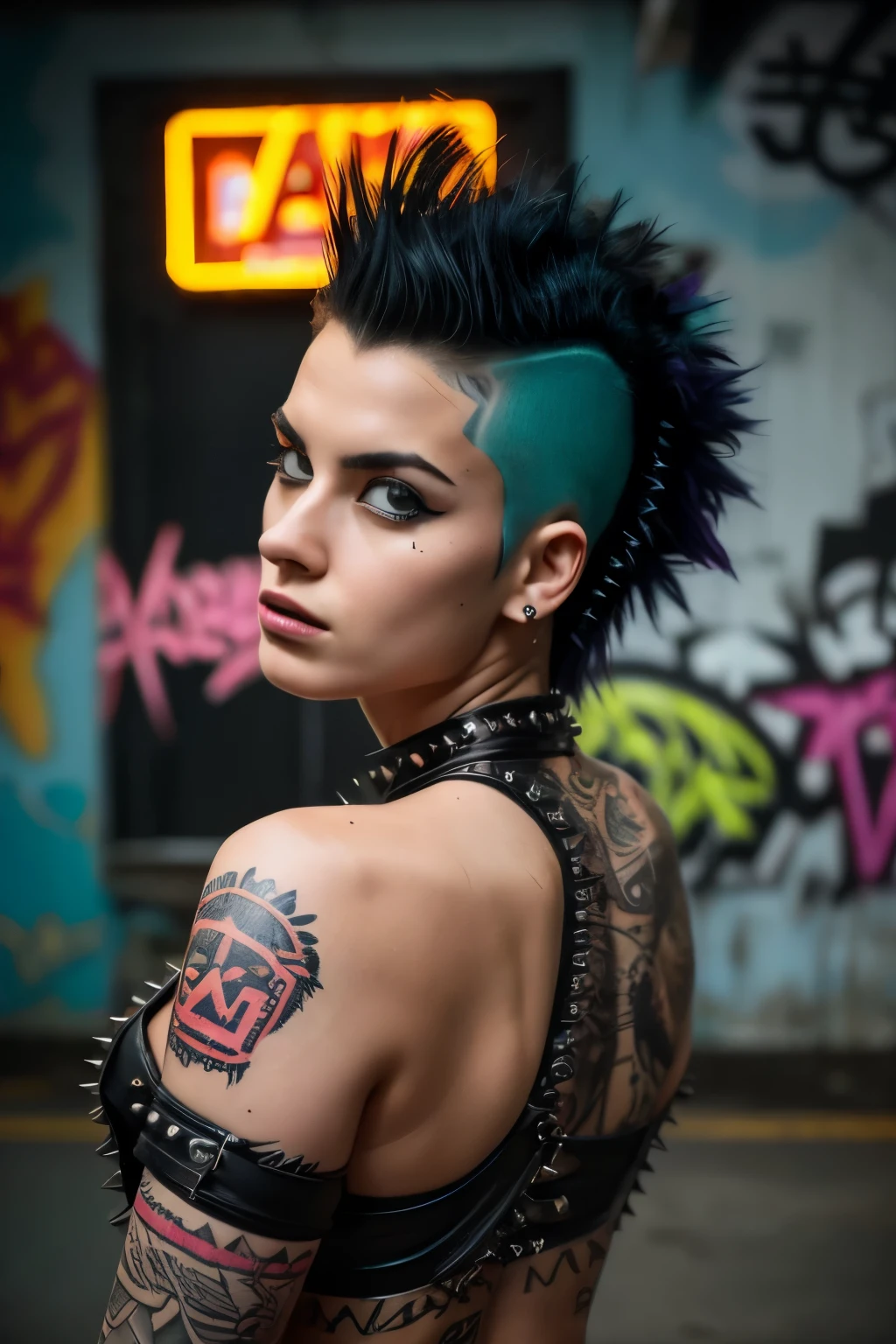 Photorealistic, ultra-detailed, ((back viewer, looking to spectator)), ((hot Rocker punk girl, spiky Black mohawk hair)) girl, hot Body, Nice Butt, abs, tattoo, t-shirt nipples, portrait photo, Solo, Brazilian Girl dimly lit room, edgy urban scene with graffiti, dark and moody, late evening, city lights flashing, neon lighting The essence of rock and roll, (((spike hair))), 18 years old, assertive, confident expression, showcasing multiple piercings, blurry background, analogue style, grunge texture, Best contrast, industrial, Instagram LUT, Professional, 4k, electrifying gaze, shot on Nikon, 50mm, shallow depth of field,  ((Abandoned Graffiti Wall Background, cinematic lighting )).