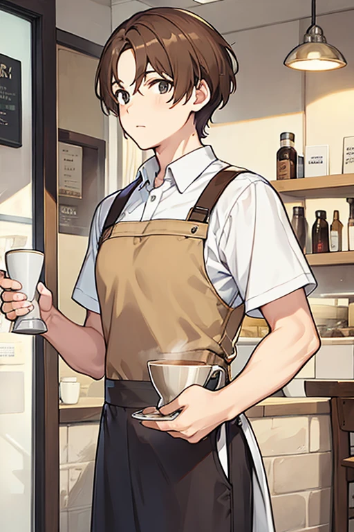 man, short brown hair, white shirt with straps, light brown vest, with french apron, barista