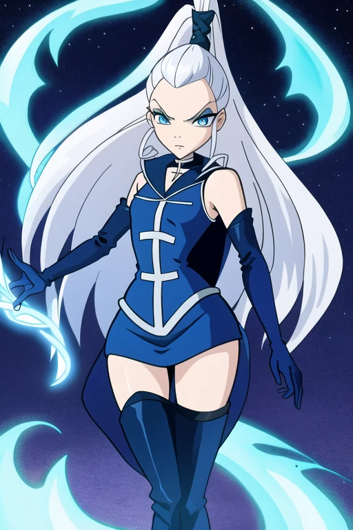  blue eyes, white hair, ponytail, very long hair, eyeshadow, WitchOutfit, sleeveless, dark-blue bodysuit, kneeboots, gloves, cloak, icywinx