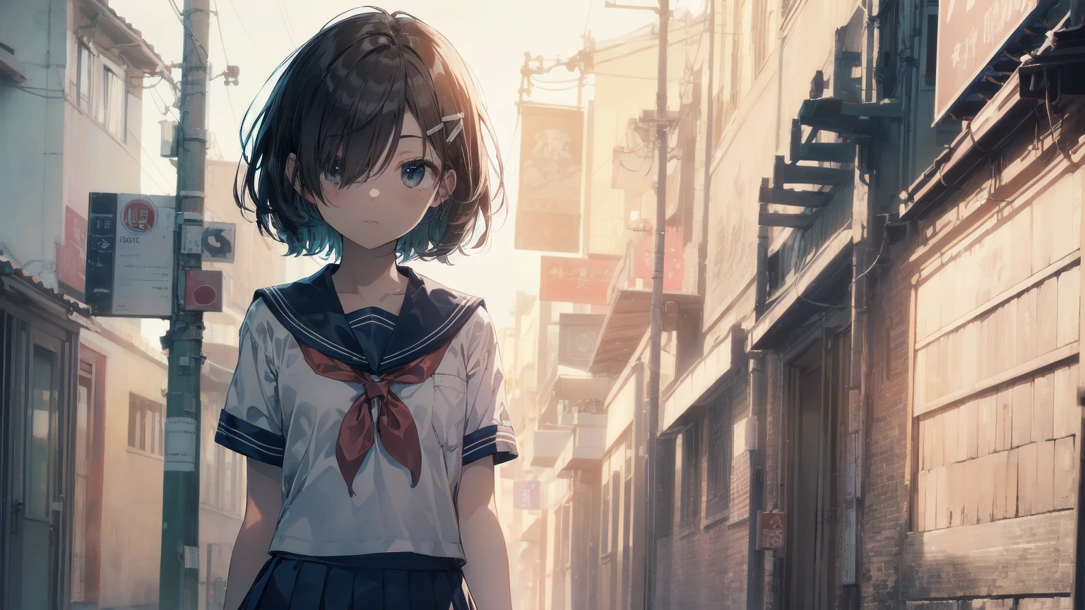 Highest quality, Anime Moe Art Style,Best Anime 8K Konachan Wallpaper,Pixiv Contest Winners,Perfect Anatomy, (Please draw a girl walking sleepily to school.... ),break, 1 Girl, (alone,,,13 years old:1.3),high school student, short hair, amount, (Hair above one eye:1.7),All limbs, Full Finger,Medium Chest, Between the legs, Small eyes,accurate black eyes, Hair Clip, (Sailor suit:1.5),(school uniform:1.5) skirt,On the way to school. break,Very detailed,High resolution,ultra high density skin, Professional Lighting,8K eye detail, (Cute illustrations:1.2),Expressionless，(Hair on one eye:1.5)，Sailor suit