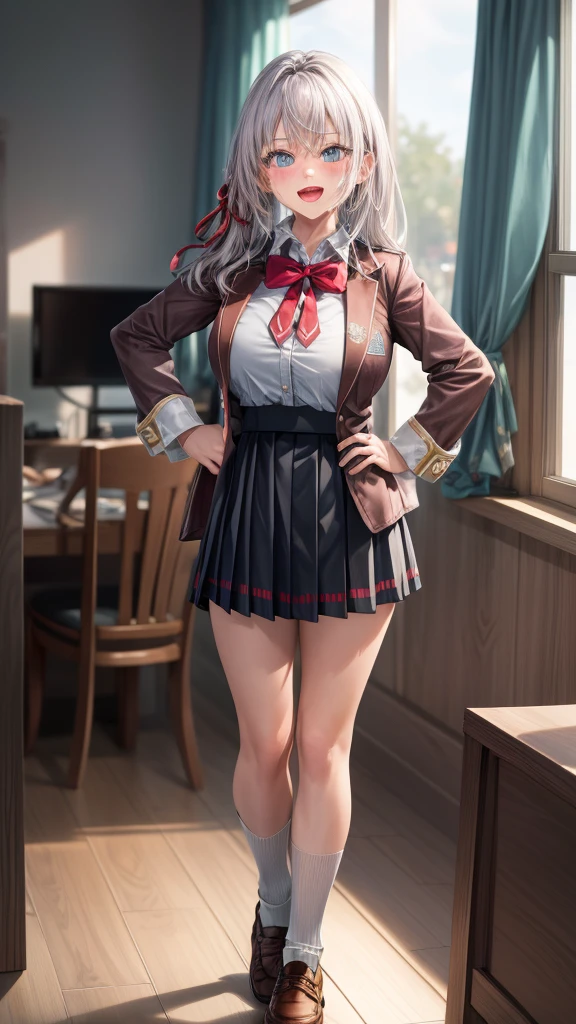 Alisa Kujou,
(night:1.7), 1 girl standing at attention, 22 years,young female,beautiful Finger, beautiful long legs ,beautiful body ,beautiful Nose ,beautiful character design, Perfect eyes, perfect face,
(((sitting on chair with legs crossed)))1 girl, thighs, Alone, (skirt muy corta:1.4), Blue eyes, old, Jacket, school shirt, long socks , skirt , white shirt, bow, hand on hip, blush, black thighs, bowtie, inside, brown shoes, The Great Passage, moccasins, Shoes, large old, looking at the viewer, Open mouth, thighs, bikini blue,(((medium breasts)))
looking at the viewer, smile, greeting the viewer, In the center of the image, Fondo de pantalla CG unity 8K extremadamente detallado, Perfect lighting,showy, bright_forehead_face_Lightinasterpiece:1.0),(better_quality:1.0), ultra high resolution,4k,ultra detailed,
Photography, 8K, HDR, high resolution, absurdities:1.2, codas portrait, film grain, blurred background, bokeh:1.2, Lens flare, (Vibrant_Color:1.2)
, (beautiful_face:1.5),(narrow_waist), (beautiful,huge_old:1.3)