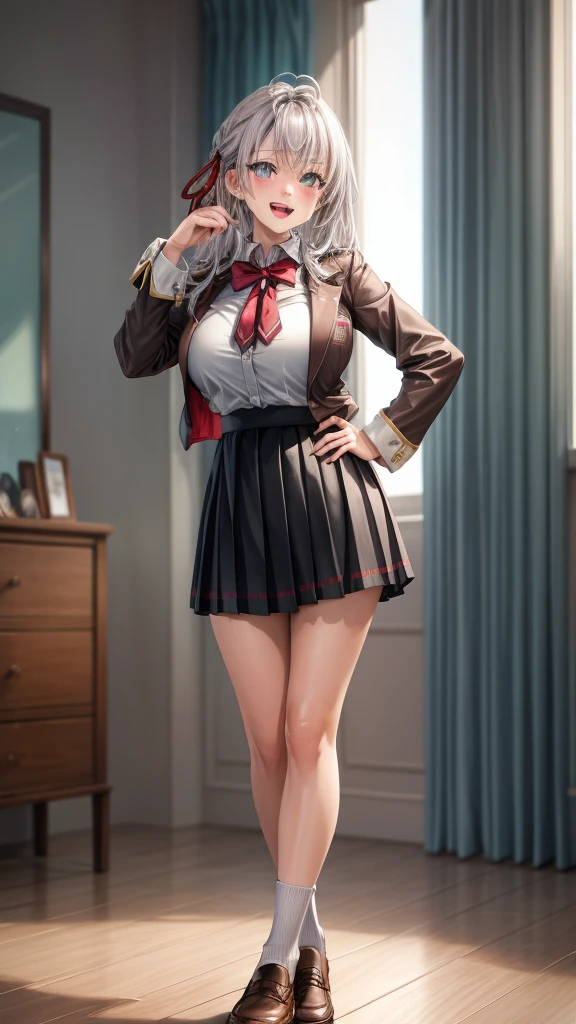 Alisa Kujou,
(day:1.7), in a room with curtains on the windows,inside, 1 girl standing at attention, 17 years,young female,beautiful Finger, beautiful long legs ,beautiful body ,beautiful Nose ,beautiful character design, Perfect eyes, perfect face,
There is an anime girl in shorts walking through an open door., 1 girl, thighs, Alone, (Skirt muy corta:1.4), blue eyes, old, jacket, school shirt, long socks , Skirt , white shirt, bow, hand on hip, blush, black thighs, bowtie, inside, brown shoes, The Great Passage, moccasins, shoes, large old, Whole body, looking at the viewer, open mouth, thighs,
looking at the viewer, smile, greeting the viewer, In the center of the image, Extremely detailed CG unity 8k wallpaper, perfect lighting,showy, bright_Forehead_face_Lightinasterpiece:1.0),(better_quality:1.0), ultra high resolution,4k,ultra detailed,
Photography, 8k, HdR, high resolution, absurdities:1.2, codas portrait, film grain, blurred background, bokeh:1.2, Lens flare, (Vibrant_Color:1.2)
, (beautiful_face:1.5),(narrow_waist), (beautiful,huge_old:1.3)