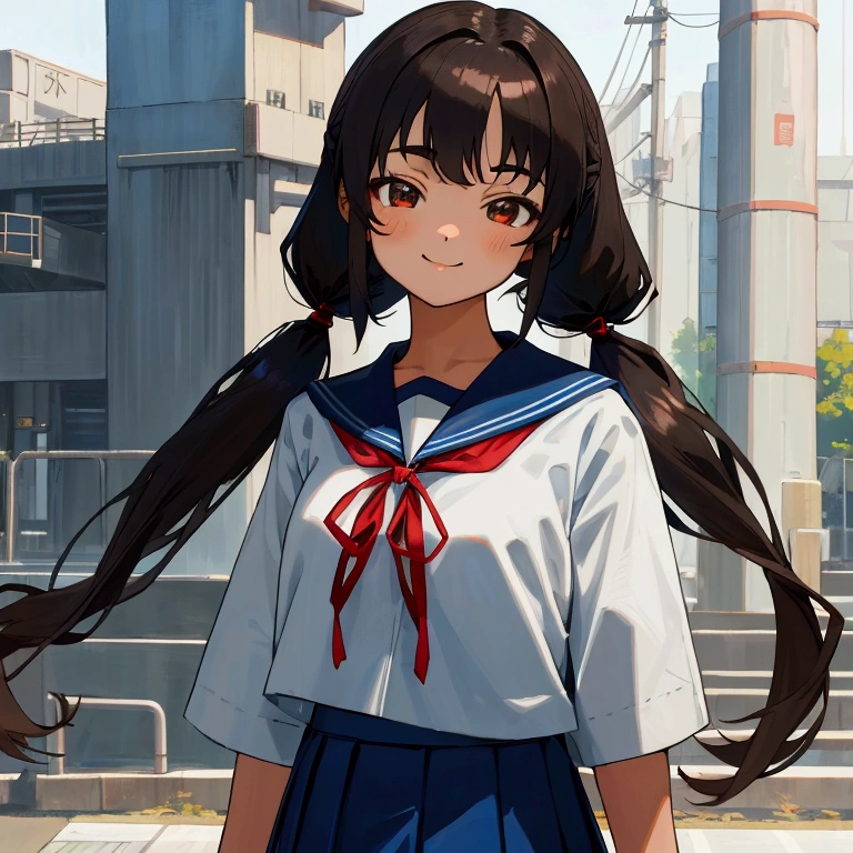 1girl, standing, (hand on chest with left hand), (head tilt), smile, 16yo, gentle smile, head tilt, railroad barrier, Fumikiri, outdoor, city, (low twintails), red ribbon in hair, very long black hair, white serafuku with blue ribbon, navy-blue collar, navy-blue skirt, (dark brown eye), school bag on right shoulder, afternoon, summer, (from front:1.4), upper body, detailed face, detailed eyes, (high quality, ultra detailed, masterpiece, super detail, highres, anatomically correct, UDH), good hands, good fingers, Japanese anime style, extremely cute
