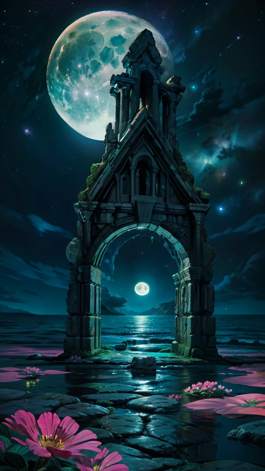 (work of art, best qualityer:1.2), (high resolution, abstrato:1.1), ultra detail, Greek ruins, Ancient Greece, ocean and pink flowers illuminated in the front ultra detailed, galaxy sky with stars and an ultra detailed moon, a waterfall coming from a black hole
