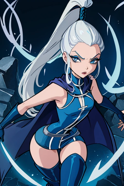  blue eyes, white hair, ponytail, very long hair, eyeshadow, WitchOutfit, sleeveless, dark-blue bodysuit, kneeboots, gloves, cloak, blue cape, icywinx