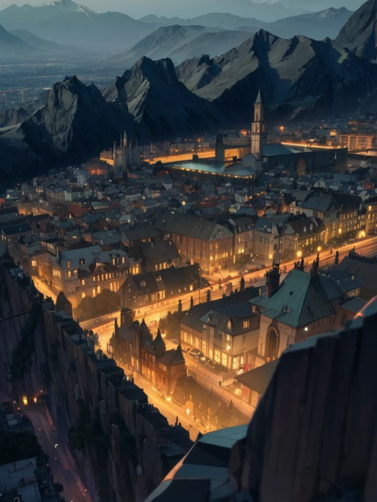 (Bird eye View) high walls around the city, big walls, montains