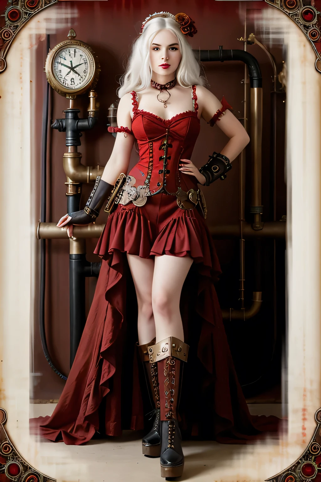 Fullbody, long Red dress, beautiful, White Hair, Red eyes, Flower in hair, Steampunk girl, steampunk fantasy style, high quality steampunk art, Steampunk concept art, Steampunk art, steampunk illustration, digital Steampunk art, steampunk cyberpunk, steampunk digital art