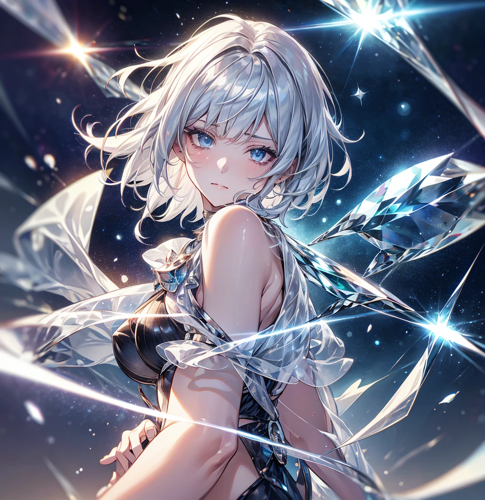 silver hair, short hair, asymmetrical bangs, crystal hair, shiny hair, Surrealism, lens flare, anime, 8k, super detail, UHD, retina, masterpiece, accurate, anatomically correct, textured skin, super detail, high details, high quality, award winning, best quality, highres
A girl inspired by Uranus, with a lively atmosphere but a sad and dignified expression. She has short silver hair. The background includes meteors streaking across the sky