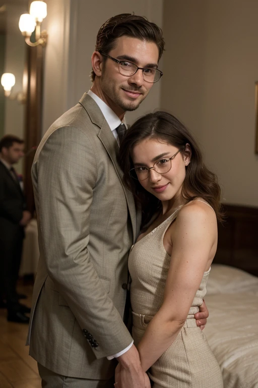 Male, unshaved beard, olive skin, handsome, green eyes, thin and muscular body, middle curly hair above his shoulders, ((man without glasses)), classy dressed elegant suit, badass, smiling, he is holding hands with his girlfriend, the girlfriend is shorter, ((the woman wears glasses))