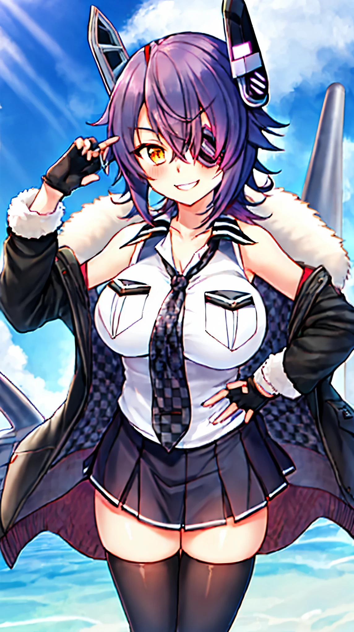 best quality, masterpiece, solo, {tenryuu_kantaicollection:1.15}, _girl, eyepatch, short_hair, purple_hair, yellow_eyes, headgear, breasts, necktie, large_breasts, smile, 1girl, blush, checkered_necktie, hair_over_one_eye, shirt, collared_shirt, white_shirt, jacket, sleeveless, brown_eyes, fur-trimmed_jacket, fur_trim, collarbone, looking_at_viewer, pocket, breast_pocket, ,, messy_hair, black_gloves, gloves, partially_fingerless_gloves,harbor_road_landscape_background,outdoor,short_skirt,thigh-highs,boots,sunlight,from_below
