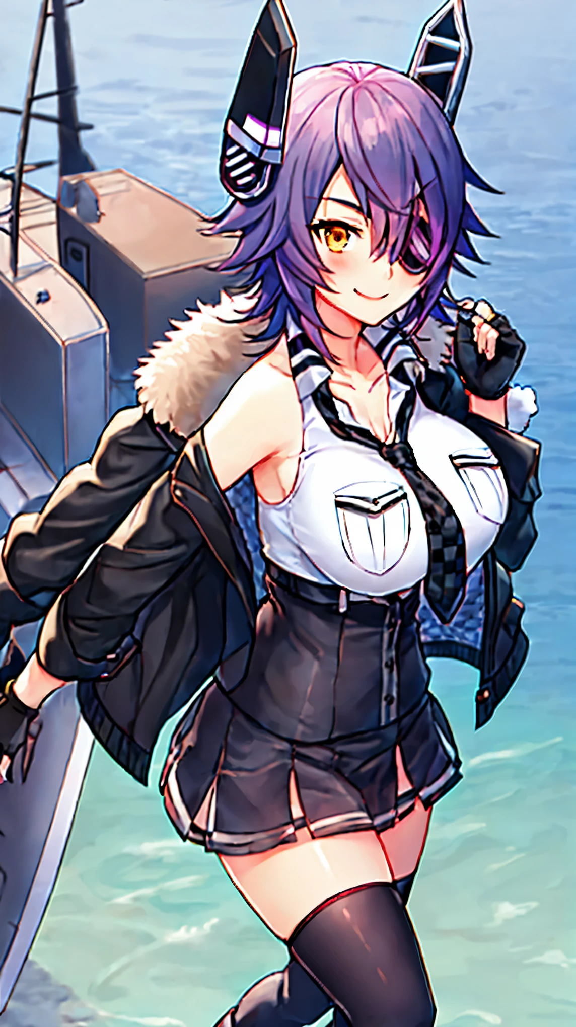 best quality, masterpiece, solo, {tenryuu_kantaicollection:1.15}, teen_girl, eyepatch, short_hair, purple_hair, yellow_eyes, headgear, breasts, necktie, large_breasts, smile, 1girl, blush, checkered_necktie, hair_over_one_eye, shirt, collared_shirt, white_shirt, jacket, sleeveless, brown_eyes, fur-trimmed_jacket, fur_trim, collarbone, looking_at_viewer, pocket, breast_pocket, ,, messy_hair, black_gloves, gloves, partially_fingerless_gloves,harbor_road_landscape_background,outdoor,short_skirt,thigh-highs,boots,sunlight,from_below