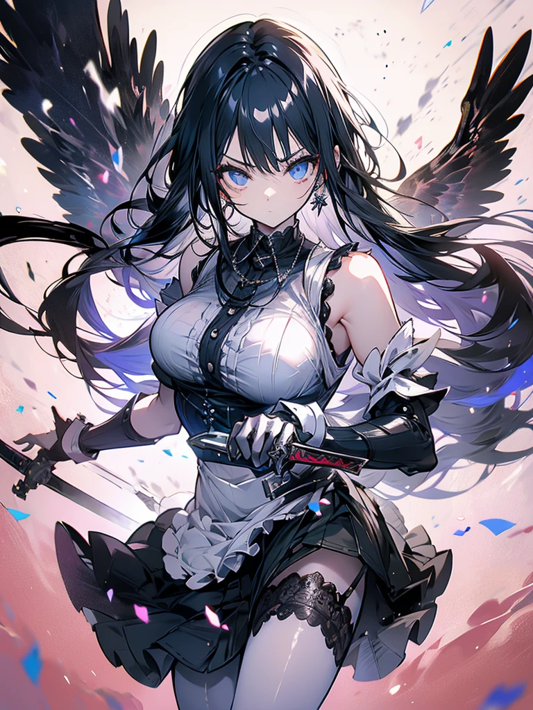 Maid outfit, sword, serious face, girl, cool, long black hair