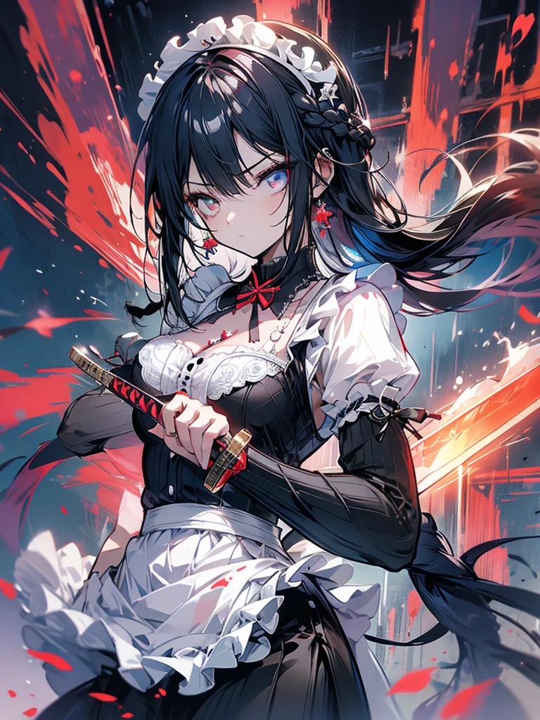 Maid outfit, sword, serious face, girl, cool, long black hair