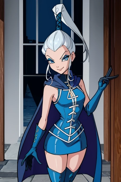  blue eyes, white hair, ponytail, very long hair, eyeshadow, WitchOutfit, sleeveless, dark-blue bodysuit, kneeboots, gloves, cloak, blue cape, icywinx, smile, room