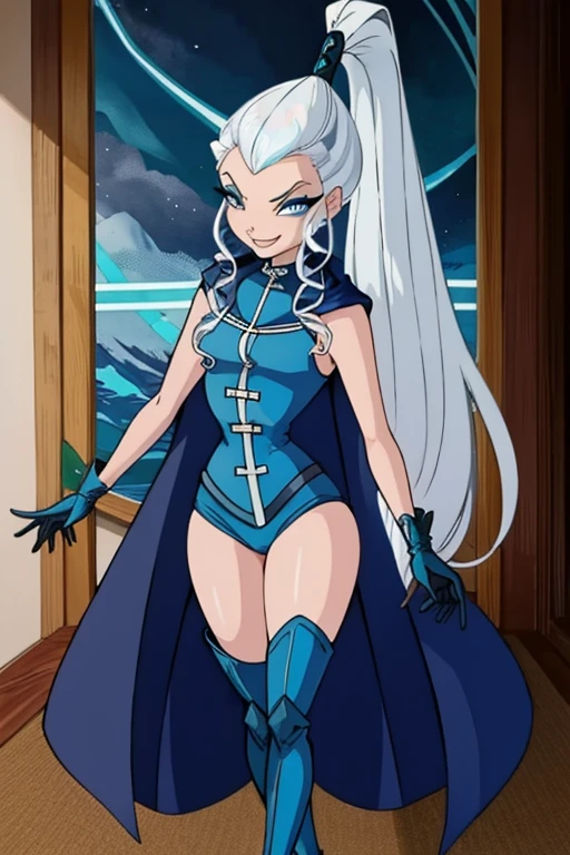  blue eyes, white hair, ponytail, very long hair, eyeshadow, WitchOutfit, sleeveless, dark-blue bodysuit, kneeboots, gloves, cloak, blue cape, icywinx, smile, room