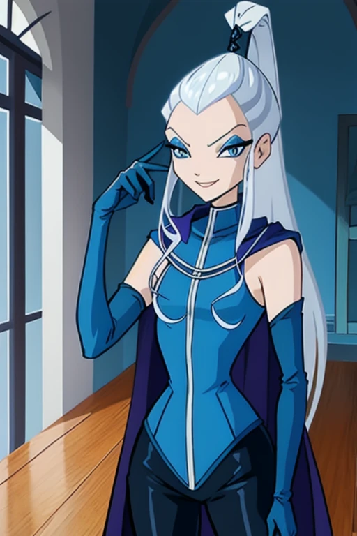  blue eyes, white hair, ponytail, very long hair, eyeshadow, WitchOutfit, sleeveless, dark-blue bodysuit, kneeboots, gloves, cloak, blue cape, icywinx, smile, room