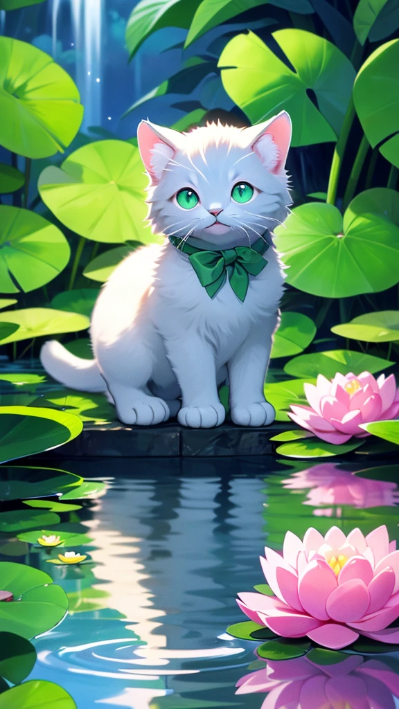 A kitten, looking at the viewer, green eyes, water, animal, pet, leaf, cat, reflection, Oxford Blue cat, animal focus, ripples, water lily, kitten, kitten, green ribbon, neckband,