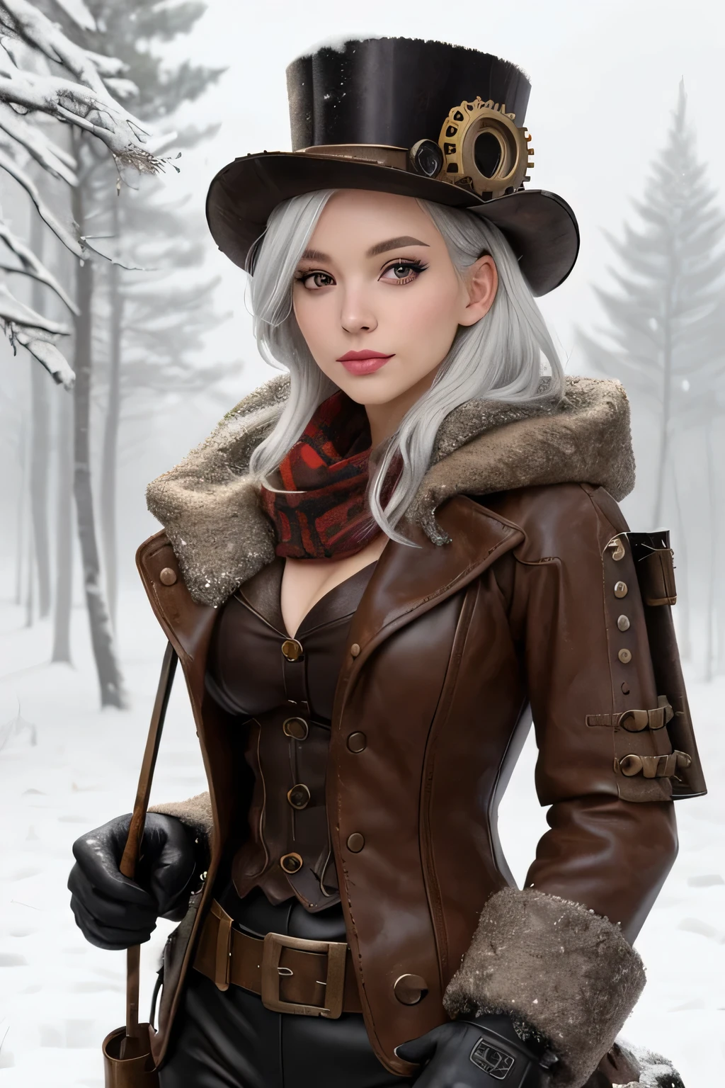 Brown steampunk tophat, long Brown leather jacked with wool, grey wool pants, black gloves, beautiful, (White Hair), (Red eyes), detailed face, steampunk girl, steampunk fantasy style, hochwertige Steampunk-Kunst, Steampunk-Konzeptkunst, steampunk art, western steampunk cyborg, steampunk illustration, digital steampunk art, steampunk cyberpunk, steampunk digital art, background forest, Winter, snowing, snow on hat, 