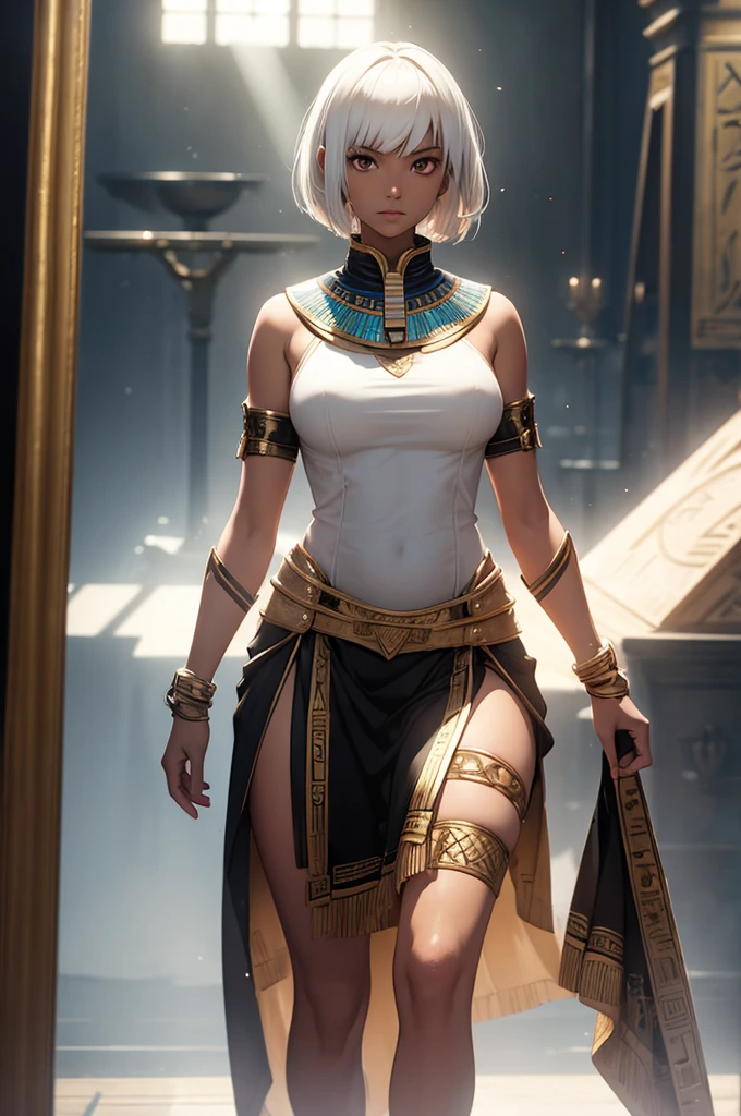 1girl, solo, short white hair, tall, slim, dark skin, brown eyes, serious, full body, egyptian attire, god rays, ray tracing, reflection light, best quality, 8k, highres, masterpiece, ultra-detailed, realistic, photorealistic, HDR, UHD, studio lighting, ultra-fine painting, sharp focus, physically-based rendering, extreme detail description, professional, vivid colors, bokeh, digital art