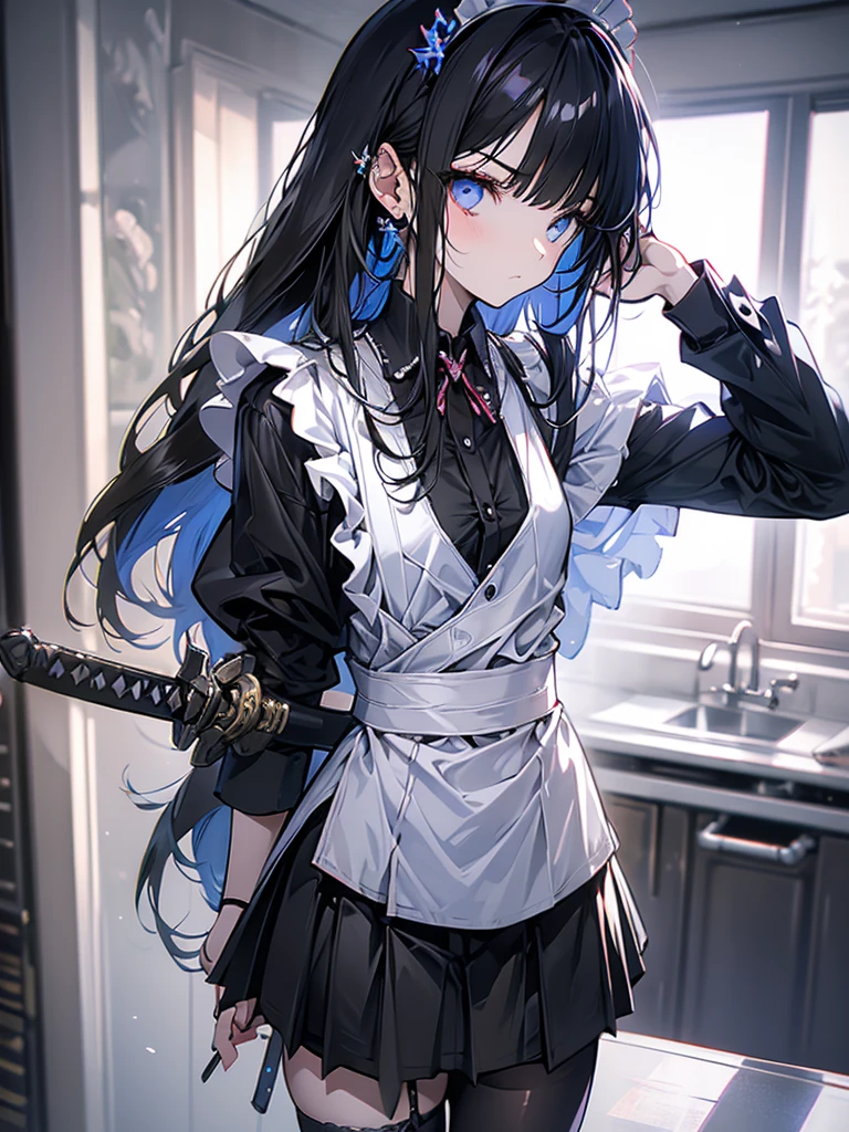 Maid outfit, sword, serious face, girl, cool, long black hair